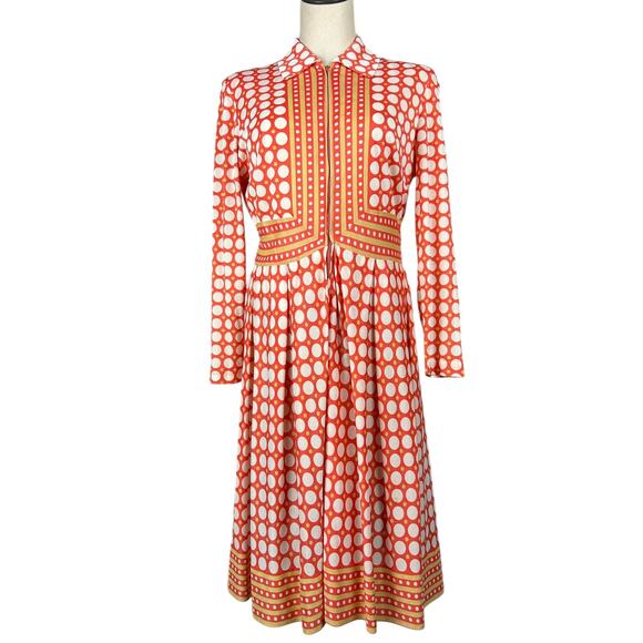 Vintage 70s Orange Polka Dot Collared Long Sleeve Front Zip Retro Midi Dress S - Picture 2 of 7